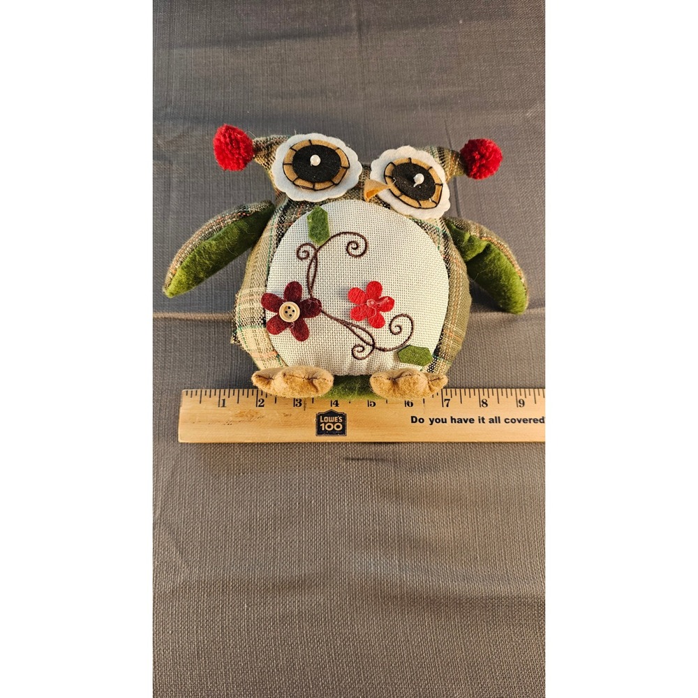 Plush Plaid Owl weighted Green Brown Floral Embroidery Pom Poms 6 inch Decor - Picture 4 of 6